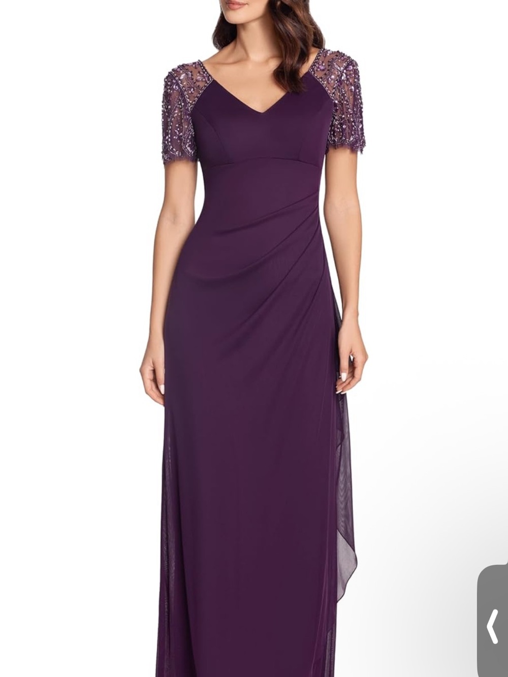 Xscape V-Neck Plum Evening Dress with Beaded Short Sleeves size 8